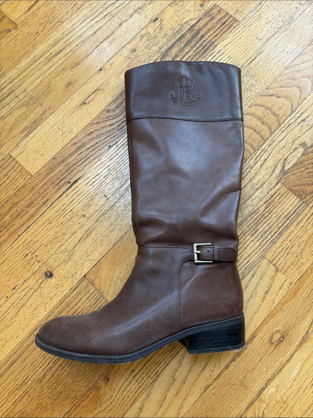 Ralph Lauren Brown Leather Mid-Calf Riding Boot with Side Buckle